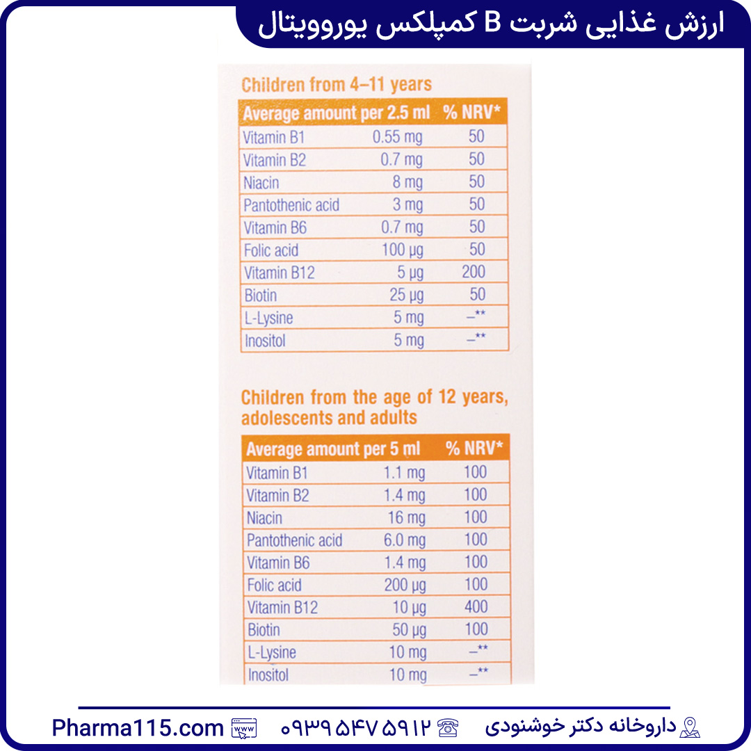 ارزش غذایی شربت B کمپلکس یوروویتال 200 میلی لیتر