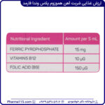 ارزش غذایی شربت آهن هموزوم پلاس وندا فارمد 150 میلی لیتر