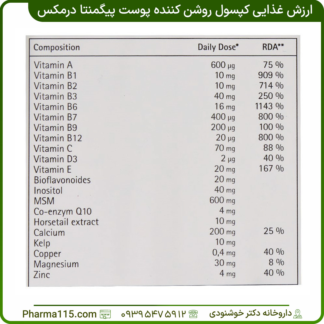 ارزش غذایی کپسول روشن کننده پوست پیگمنتا درمکس 30 عدد