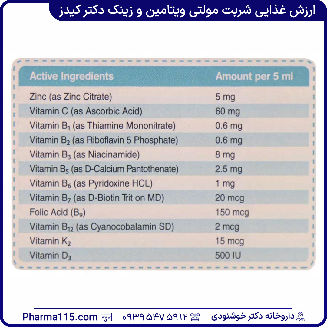 ارزش غذایی شربت مولتی ویتامین و زینک دکتر کیدز 300 میلی لیتر